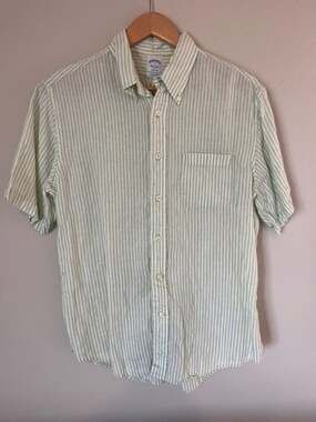 Brooks Brothers, Regent Fit, 100% Irish Linen Short Sleeve Striped Green Polo Sh